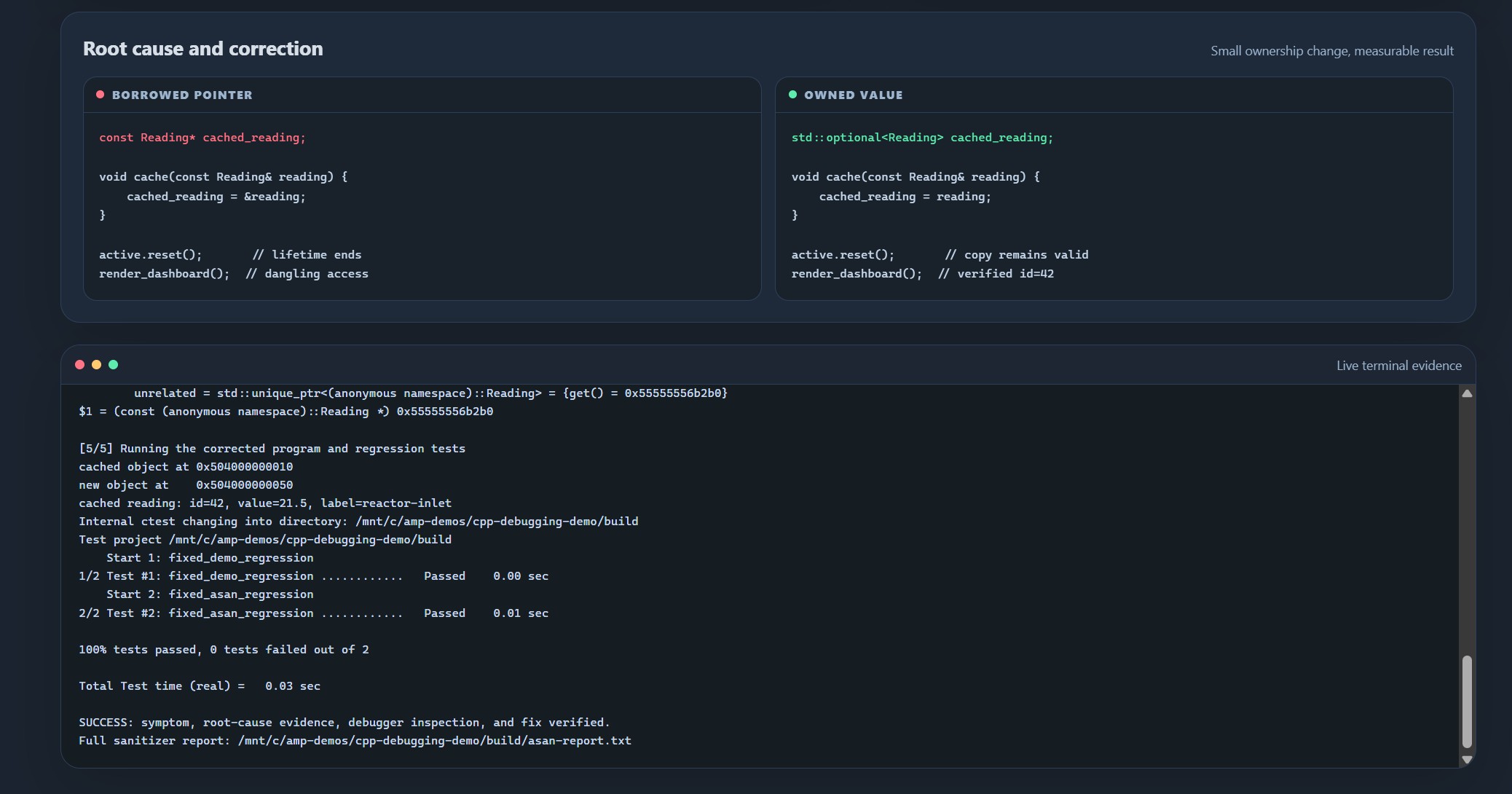Dashboard showing borrowed-pointer defect, owned-value correction, and passing tests