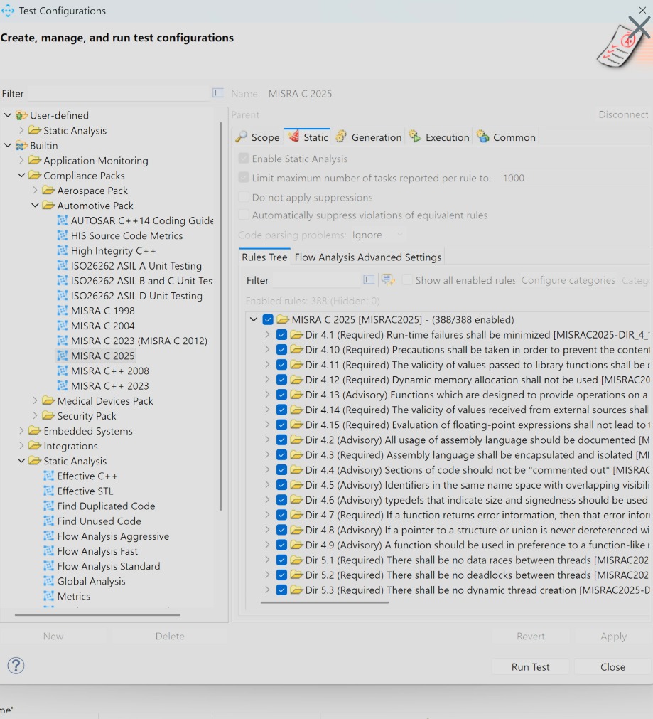 Parasoft C/C++test MISRA C 2025 static-analysis configuration