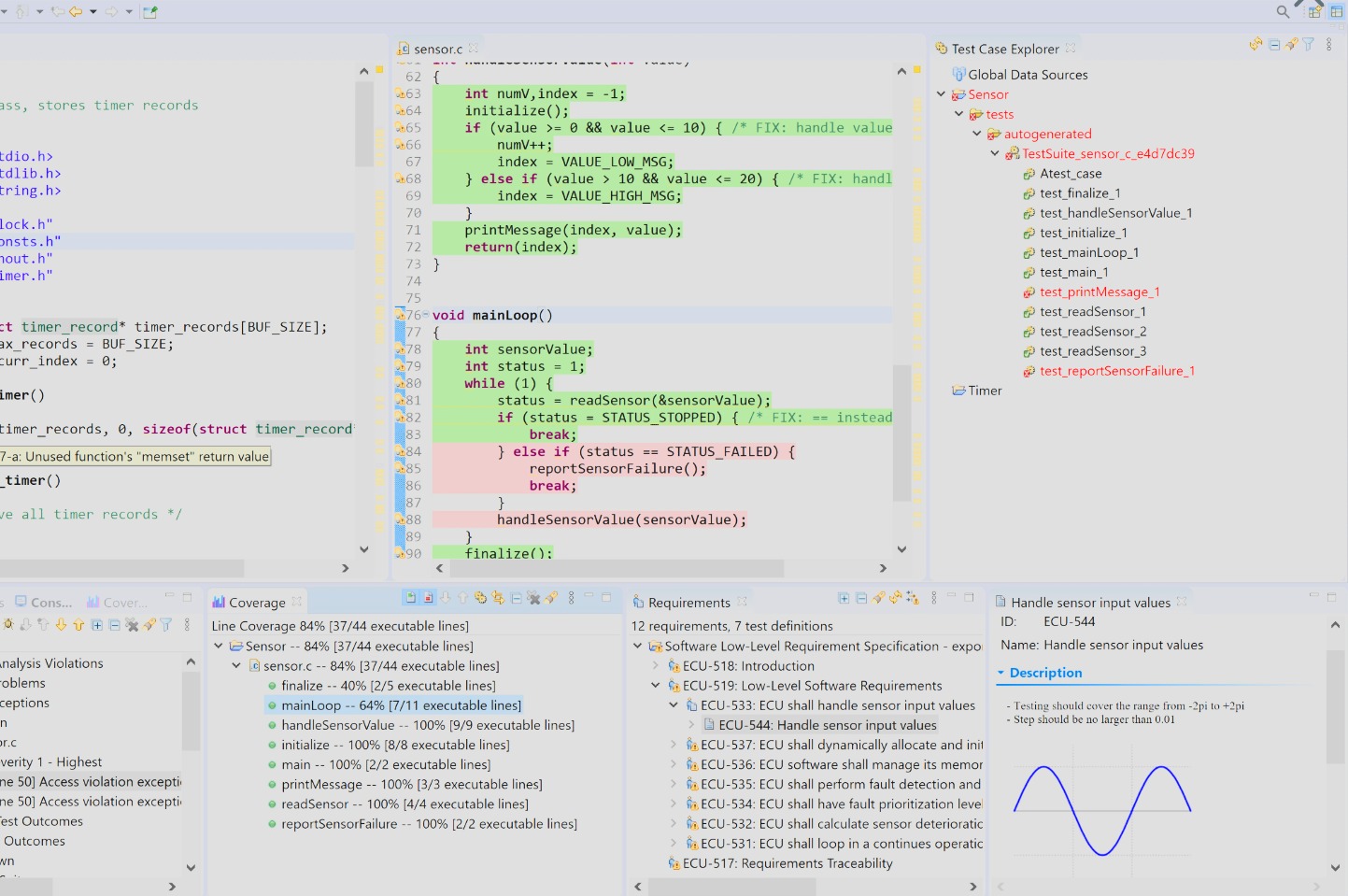 Parasoft unit testing, structural code coverage and requirements traceability