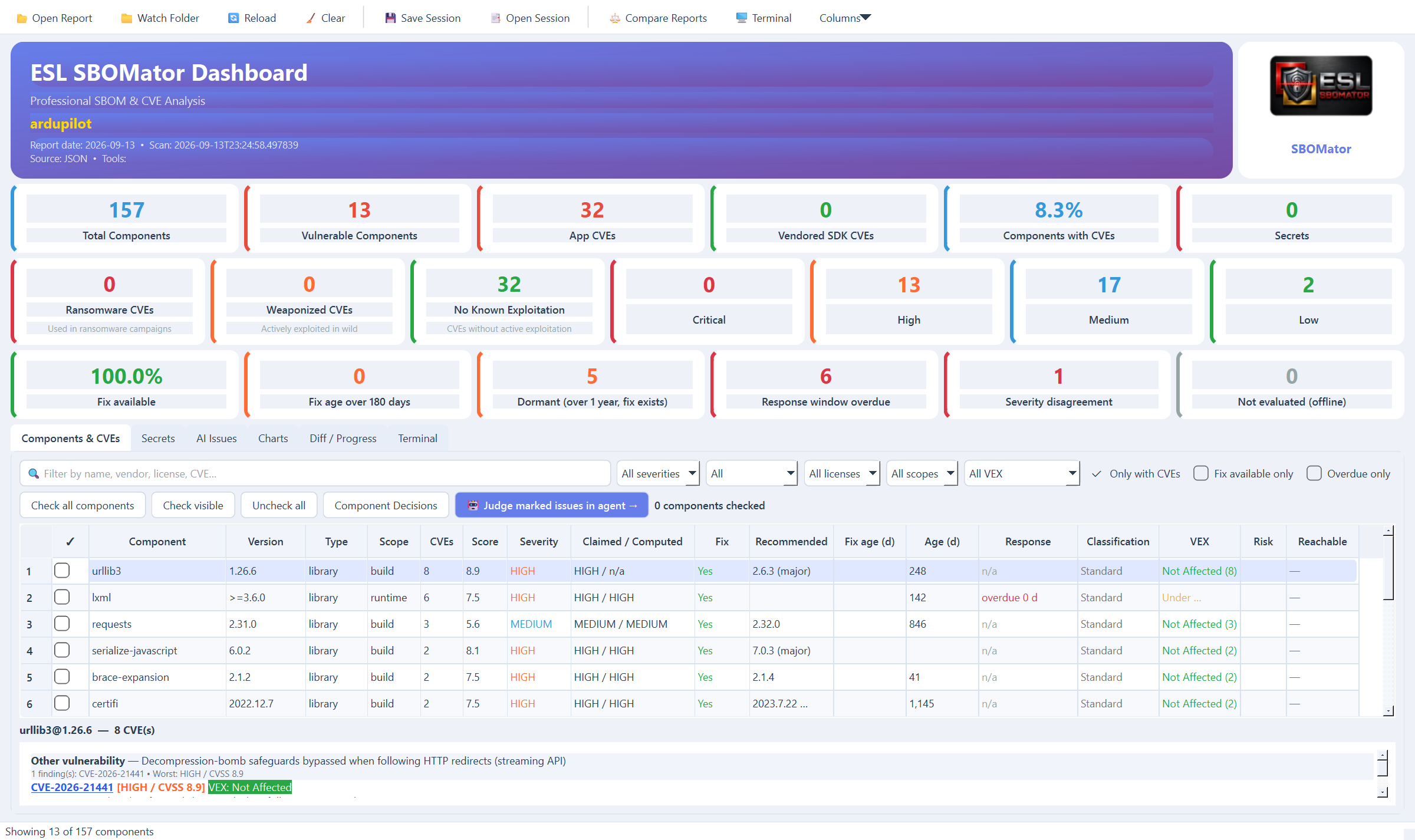 ESL SBOMator dashboard, ArduPilot scan