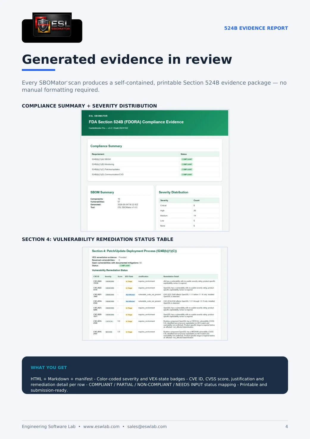 Generated Section 524B evidence report with compliance summary and remediation status
