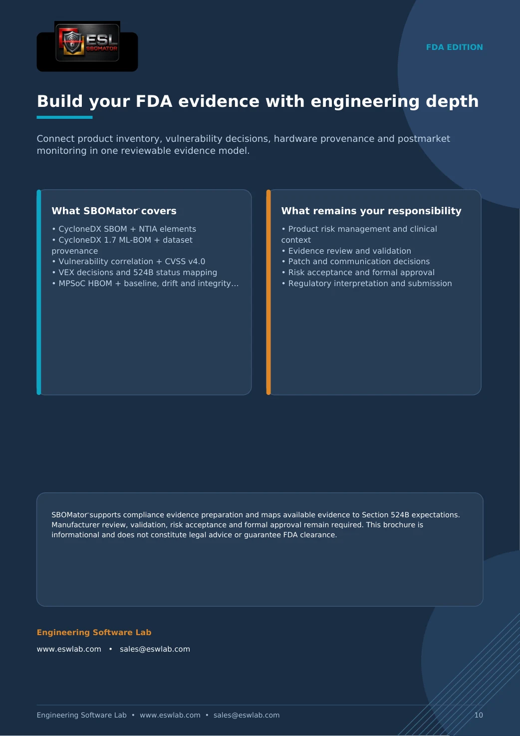 SBOMator FDA Edition capabilities and ESL contact details